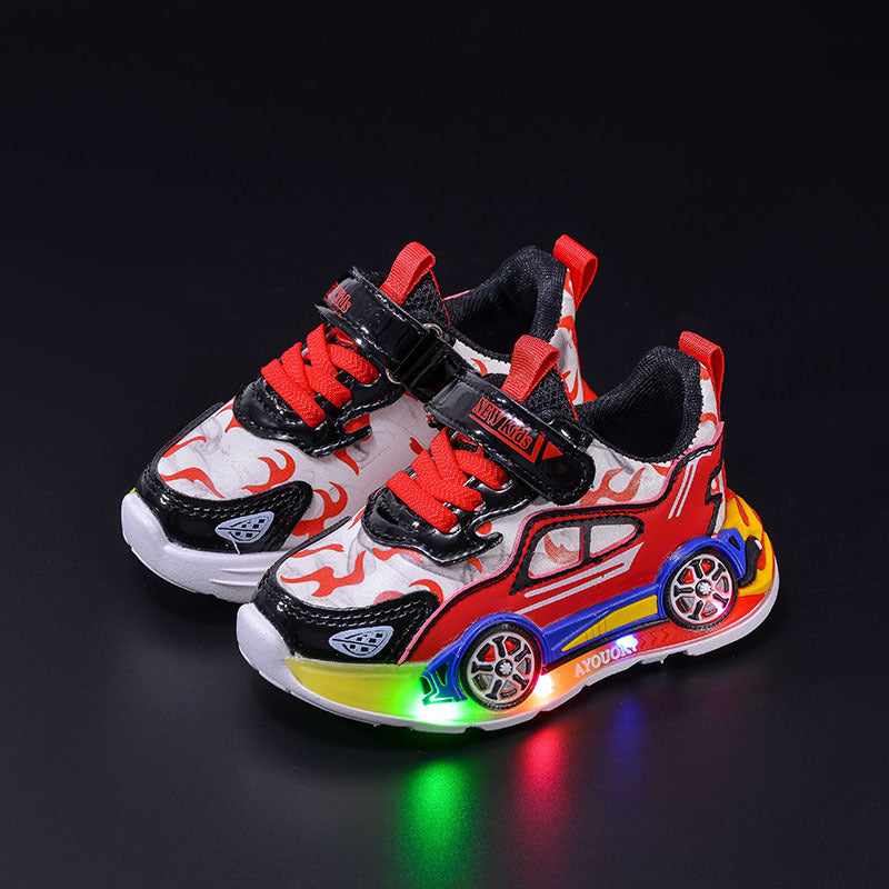 Luminous sneakers 2025 spring and autumn new cartoon car children's casual shoes for little boys leather light shoes