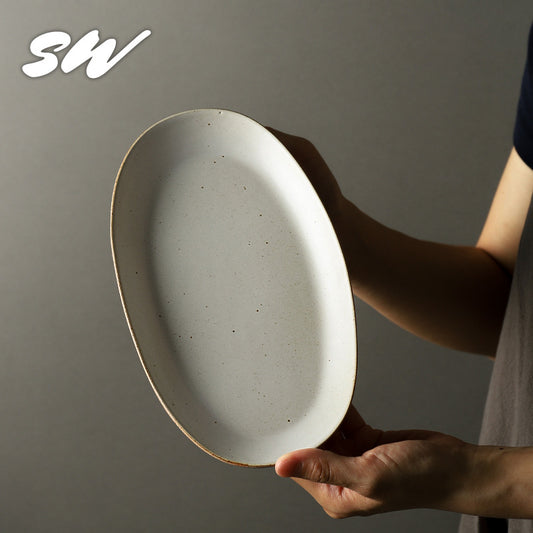 Sanmist Vintage Flat Plate Ceramic Oval Plate Creative Home Premium Vegetable Plate Fish Plate Restaurant Steak Tableware