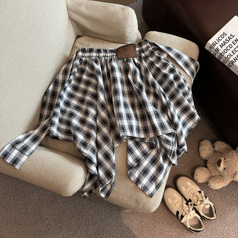 Retro preppy irregular check skirt women's summer new design sense niche strappy a-line skirt