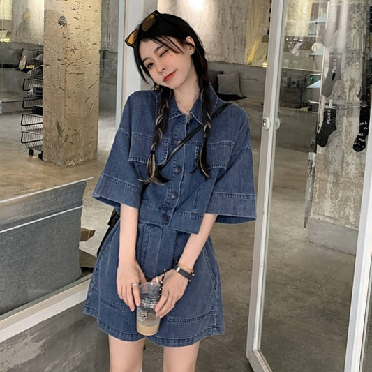 Internet celebrity fried street two-piece suit women's 2025 new spring denim short-sleeved shirt top loose wide-leg shorts