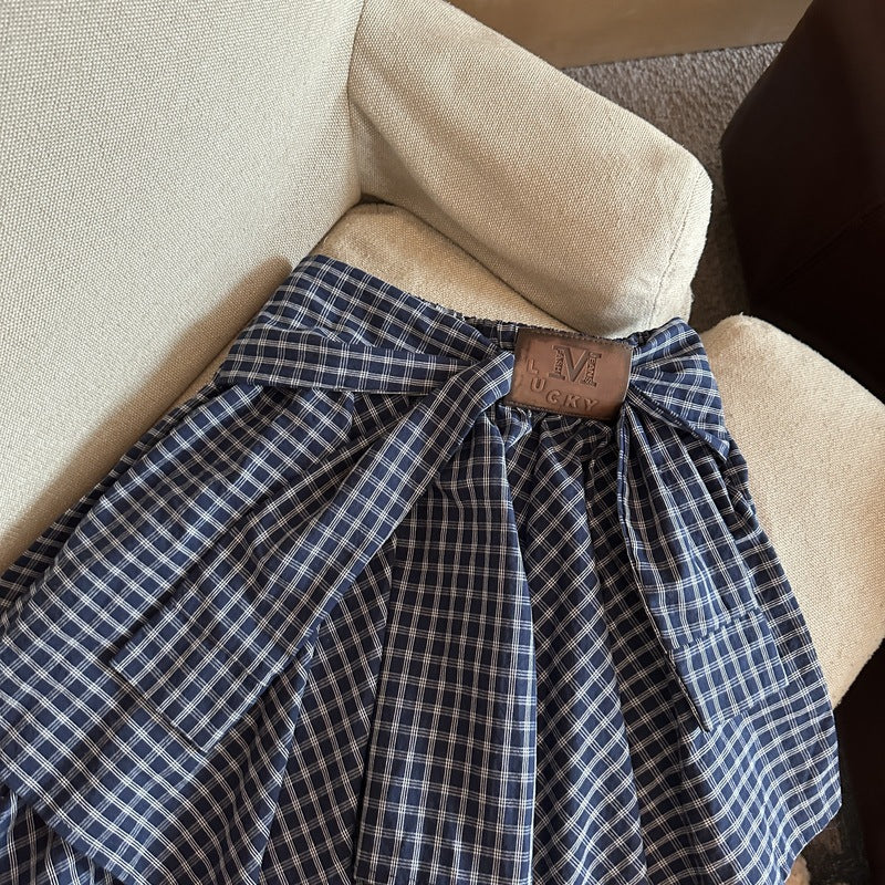 Retro preppy irregular check skirt women's summer new design sense niche strappy a-line skirt
