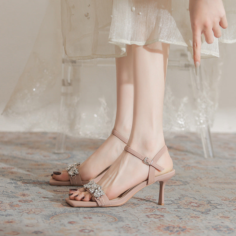 Nude high heels, women's summer buckle, rhinestones, French celebrity temperament, not tired, foot fairy style, fashion sandals