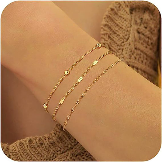 Amazon New 14K Gold Plated Three-Piece Bracelet Fashion Simple Bead Multilayer Chain Bracelet Anklet Spot Wholesale