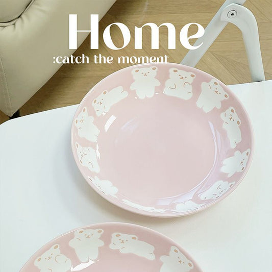 Girl's heart Internet celebrity bear ceramic bowl plate ins Harajuku style cute relief dinner plate home breakfast plate dessert plate