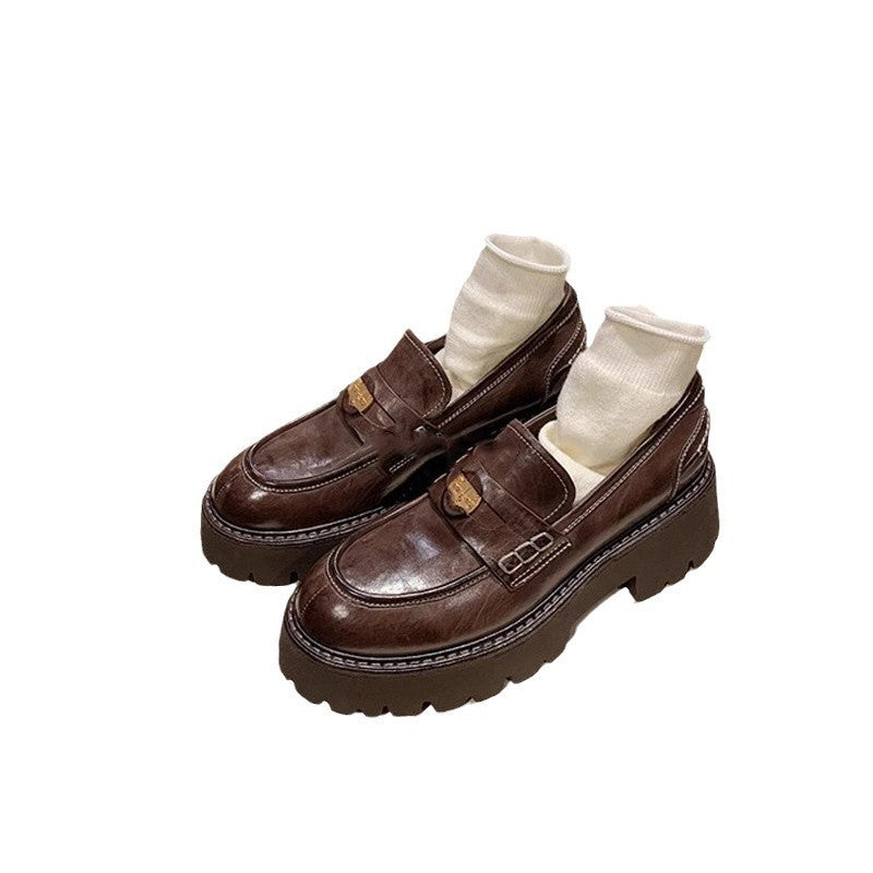 Washed cowhide ~ 5.5cm heightened thick sole small gold coin loafers female British small brown small leather shoes single shoes