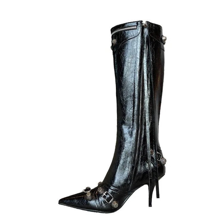 European and American new pointed toe thin heel metal rivet motorcycle catwalk women's boots belt buckle tassel plus size knight fashion boots