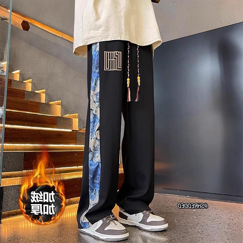 Cross-border new loose casual pants men's trend versatile pants autumn new pendant velvet mopping trousers apricot color