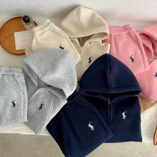 Boys and girls children's set 23 winter new men's and girls' half-zipper velvet hooded sweatshirt baby sweatpants two-piece set
