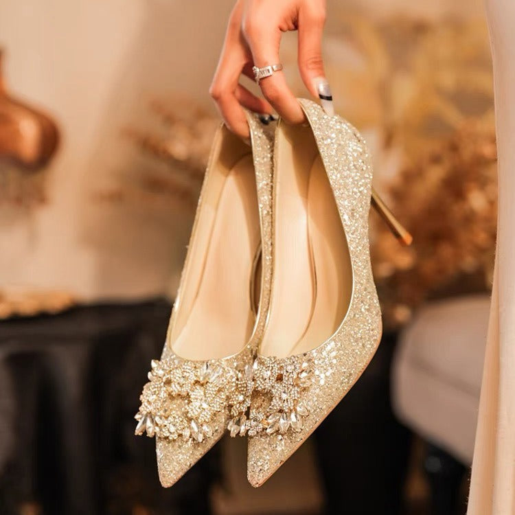 Wedding shoes Xiuhe wedding dress two wear crystal slippers bridal shoes women's champagne heels are not tired feet rhinestone 2024 new