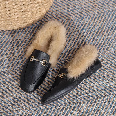 Wool shoes women's winter wear 2025 new autumn and winter flat heel plush bean shoes rabbit fur single shoes women's shoe trend