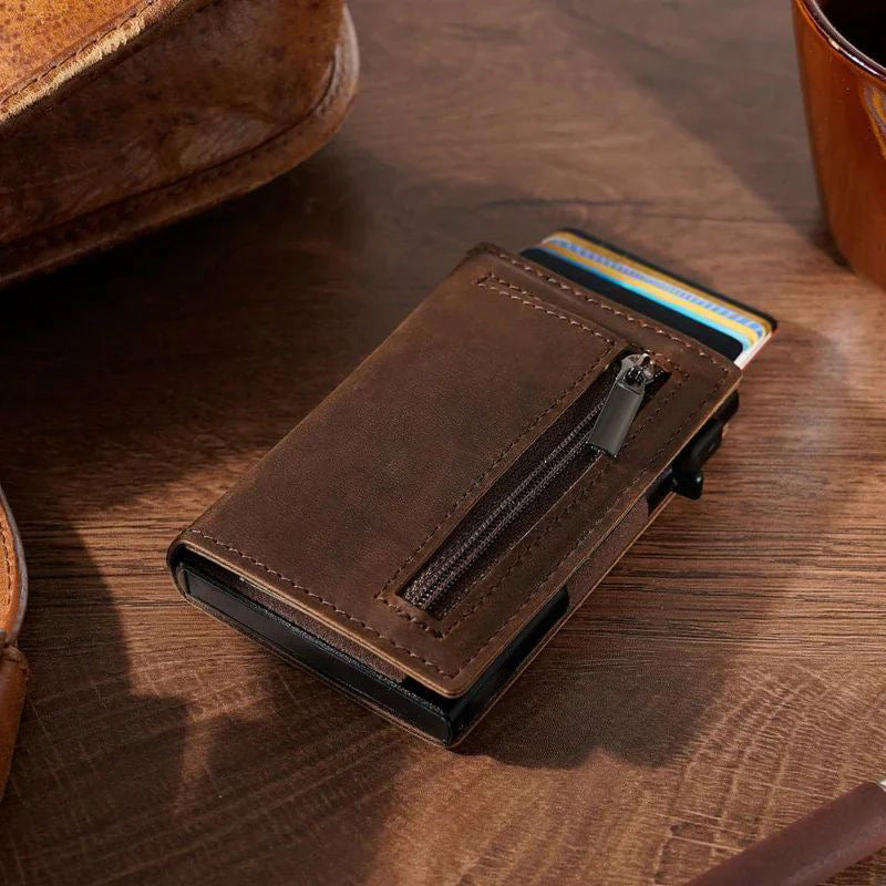 New Leather Men's Wallet Automatic Pop Up Credit Card Case Ultra-thin RFID Anti-Theft Card Case Metal Card Sleeve