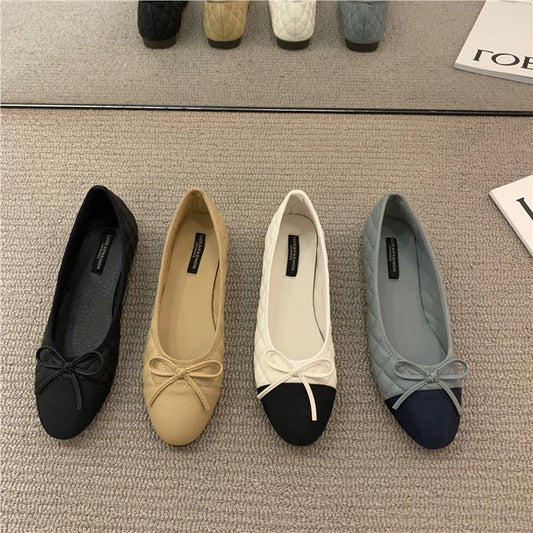 Flat French Small Fragrance Single Shoes Women's Shoes Spring 2025 Pink Ballerina Bow Granny Shoes Scoop Shoes