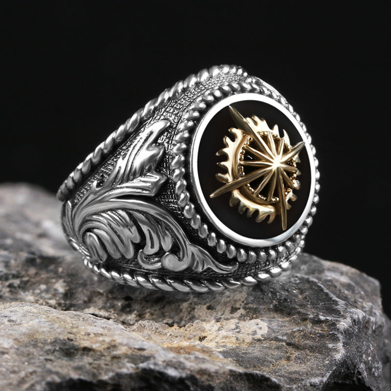 Chiba S925 Thai silver ring men's personality hip hop vintage golden glow European gourmet ring single ring Ziba