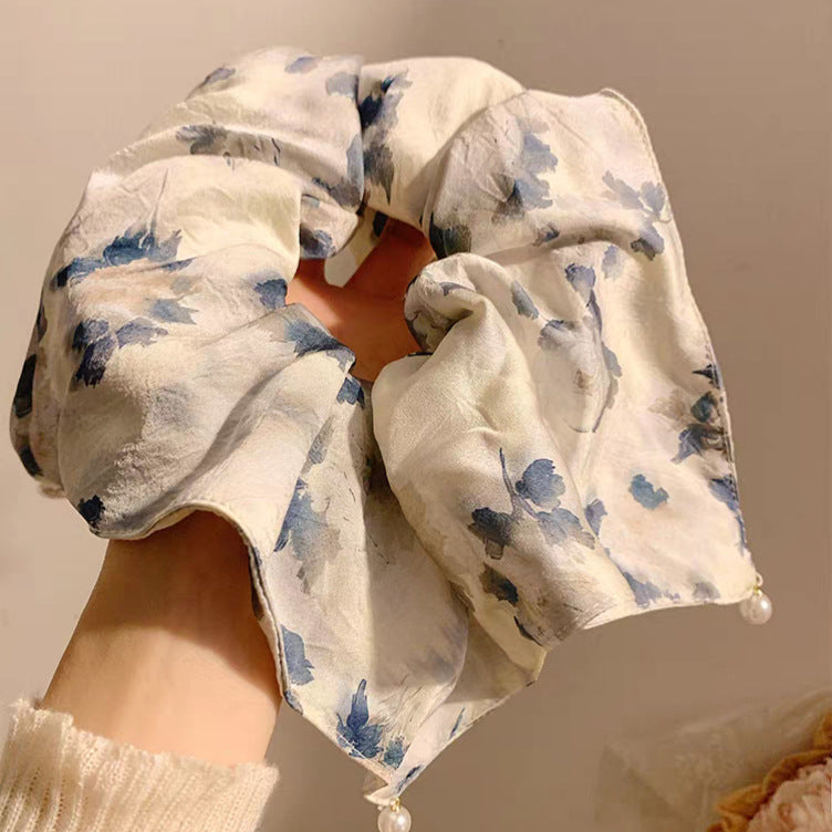 New Chinese blended style square scarf large intestine scrunchie women's large high-end square headband low ponytail hair tie hair accessory