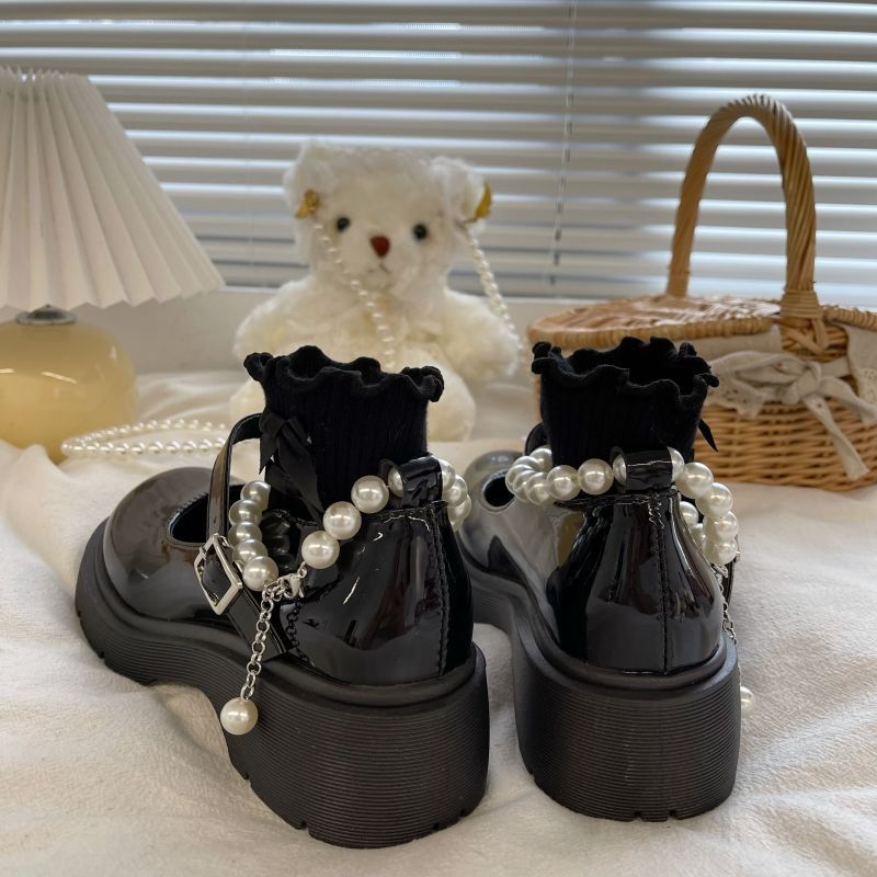 Plus size women's shoes wide feet british style white small leather shoes women's platform soles versatile pearl Mary Jane shoes with skirt jk shoes