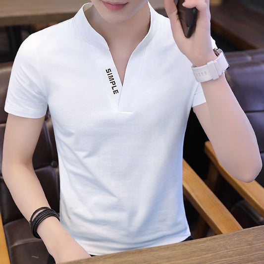Summer men's V-neck short-sleeved T-shirt, ice elastic base shirt, solid color, European and American simple slim small stand-up collar versatile shirt