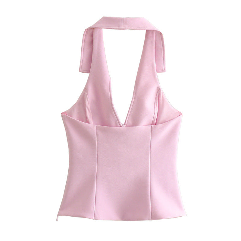 Foreign trade 2024 summer new women's V-neck sexy leaky back halterneck small top stacked culottes set 2796777