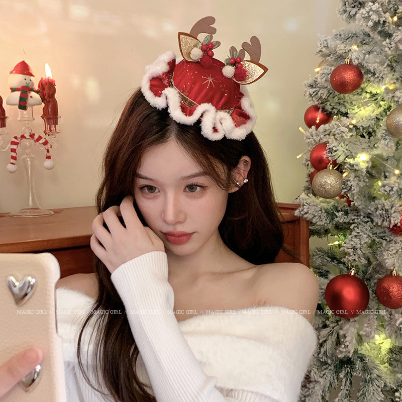 Christmas forest antler hat hairpins with cute plush three-dimensional Santa hat headdresses with sweet hairpins