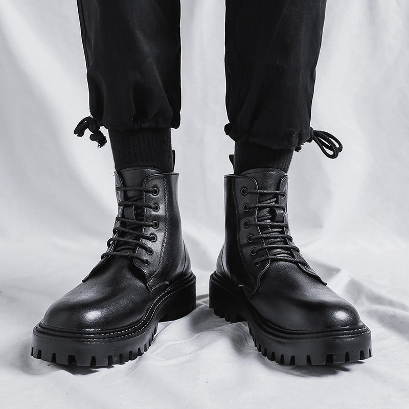 Internet celebrity popular Martin boots men's high-top trendy spring and autumn British style retro mid-top leather shoes increased black leather boots