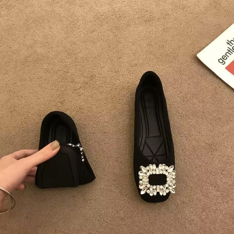 Square toe flat women's single shoes, breathable soft sole, non-slip, net red rhinestones, square buckle shallow lady shoes, beanie shoes, women's shoes