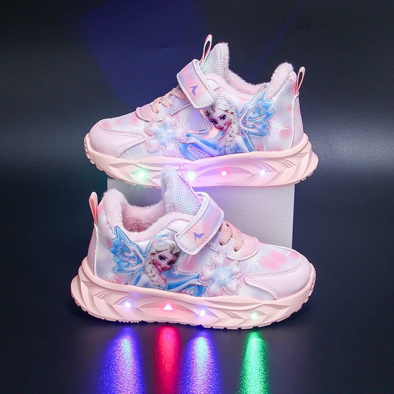 Princess Elsa sneakers with lights, new leather breathable fleece comfortable student running shoes for autumn and winter