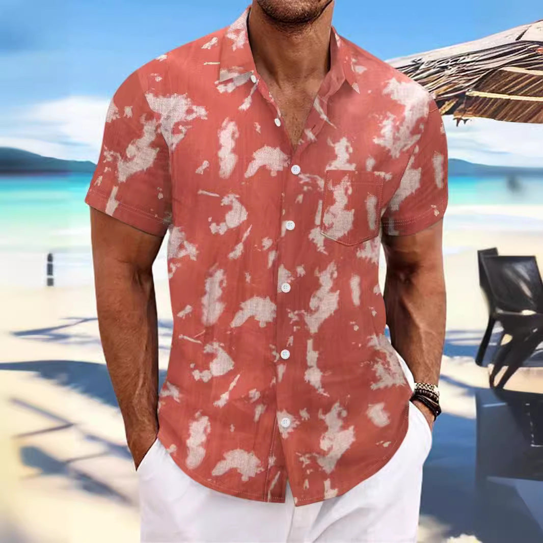 Cross Border Summer 2024 New Tie-Dye Lapel Short Sleeve Men's Beach Casual Athletic Shirt