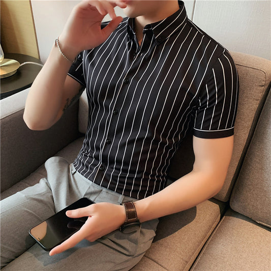 Wholesale summer thin men's striped short sleeve shirt micro elastic drape fashion british slim fit stretch half sleeve shirt