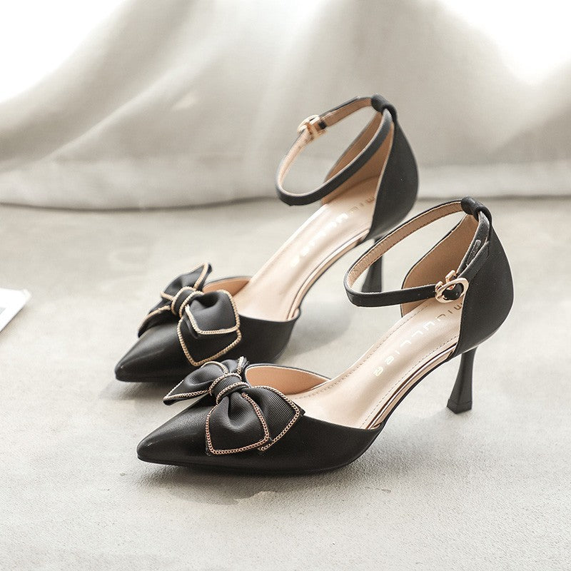 Fairy shoes gentle with skirt bow single shoes women's middle heel French temperament stiletto heel pointed heels spring and autumn