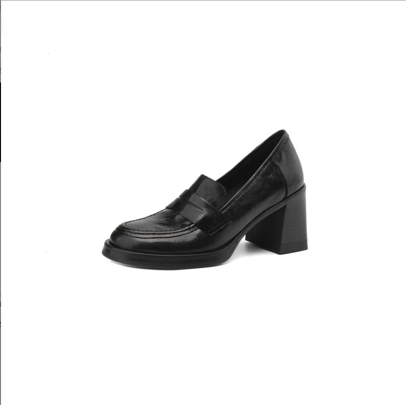 [8cm silent heel] thick heel loafers versatile commuting retro top layer soft leather high heel one foot leather shoe woman