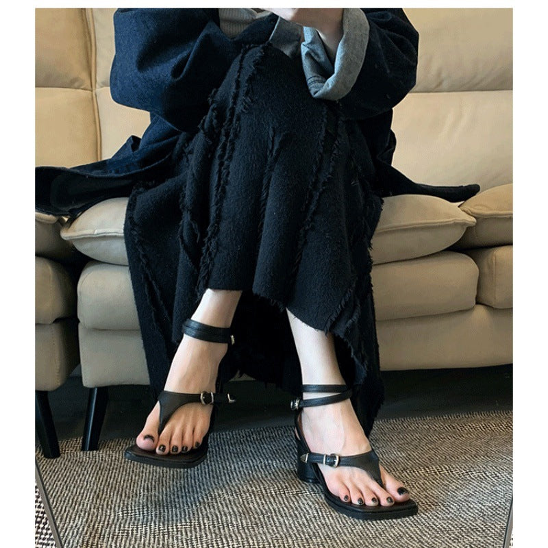 Roman square toe clip foot herringbone high heel sandals women's 2025 new summer block heel straight buckle strap clip toe women's shoes