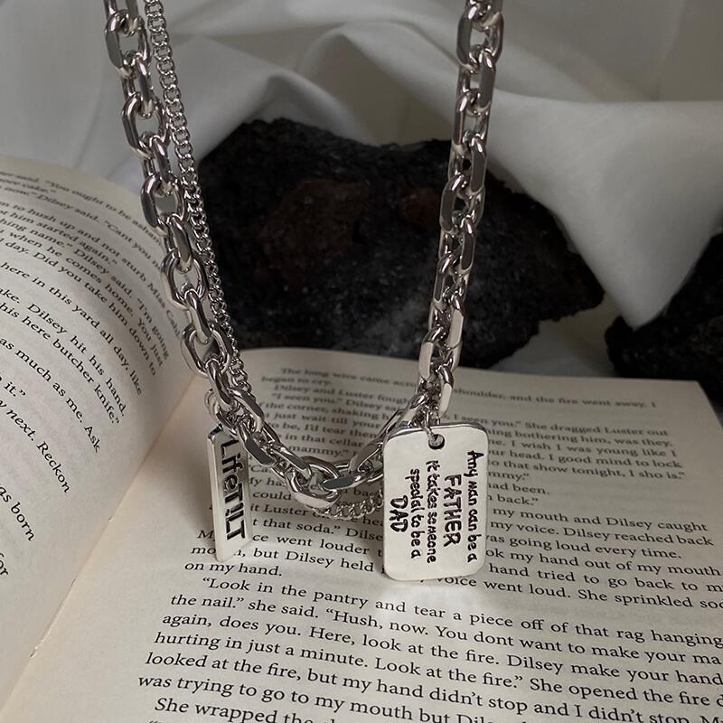 Simple square card pendant letter hip hop necklace women's summer cold wind double layered decorative clavicle chain accessories men
