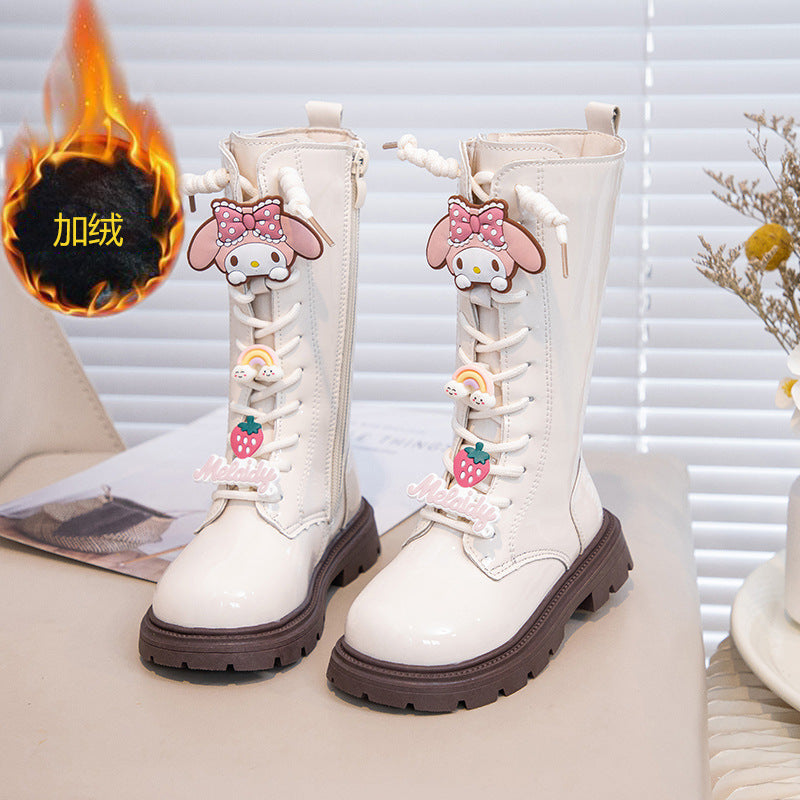 Girls' boots 2025 fall/winter fleece fashion black high boots Korean version of new Martin boots, princess boots leather boots