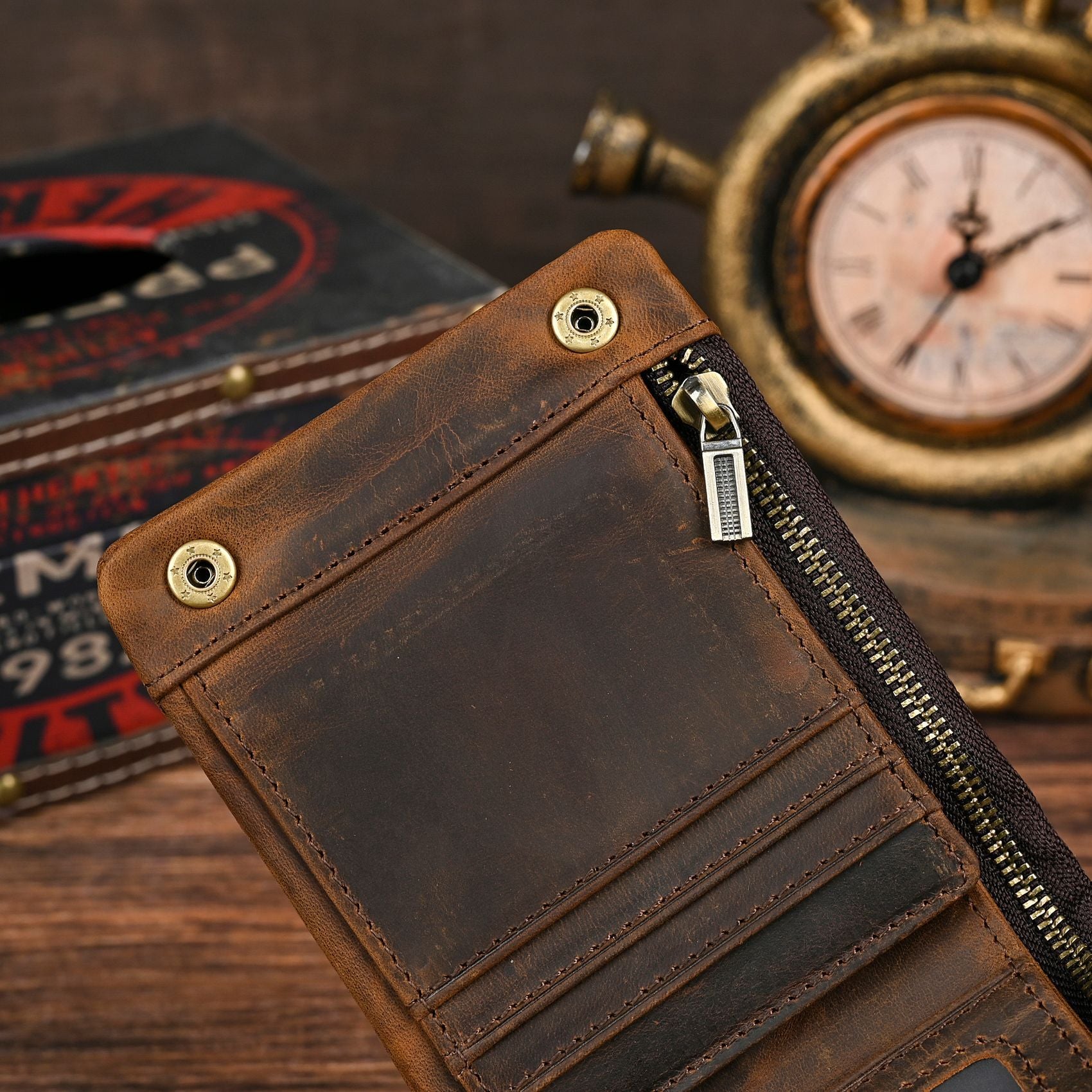 Top layer Crazy Horse leather cowhide foreign trade hot sale men's retro practical hand latte chain short wallet wallet 1003