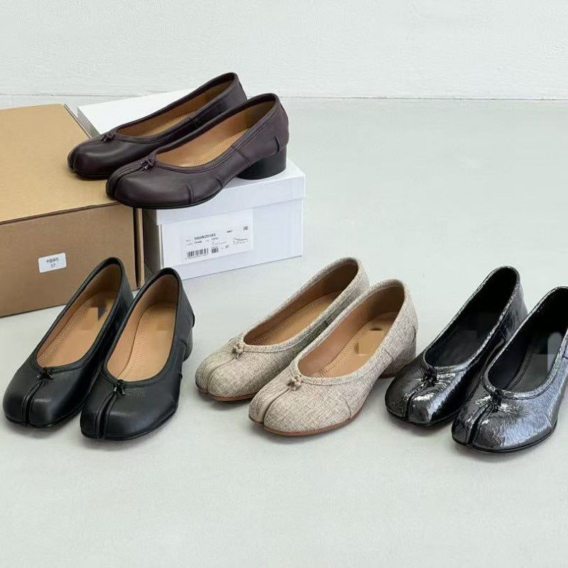 Pure original classic tabi new pleated tabi shoes female leather shallow mouth mid-heel pig's trotter ballet soft leather shoes