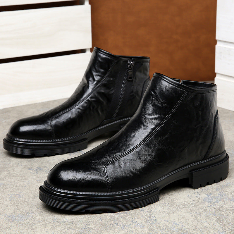 Side zipper martin boots men's velvet english leather cargo biker boots winter increase high top chelsea boots