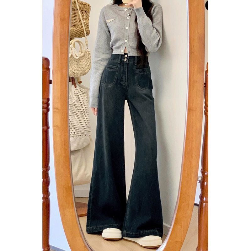 2025 dark blue high-waisted wide-leg jeans women's summer versatile slim autumn dress loose straight pants spring and autumn style