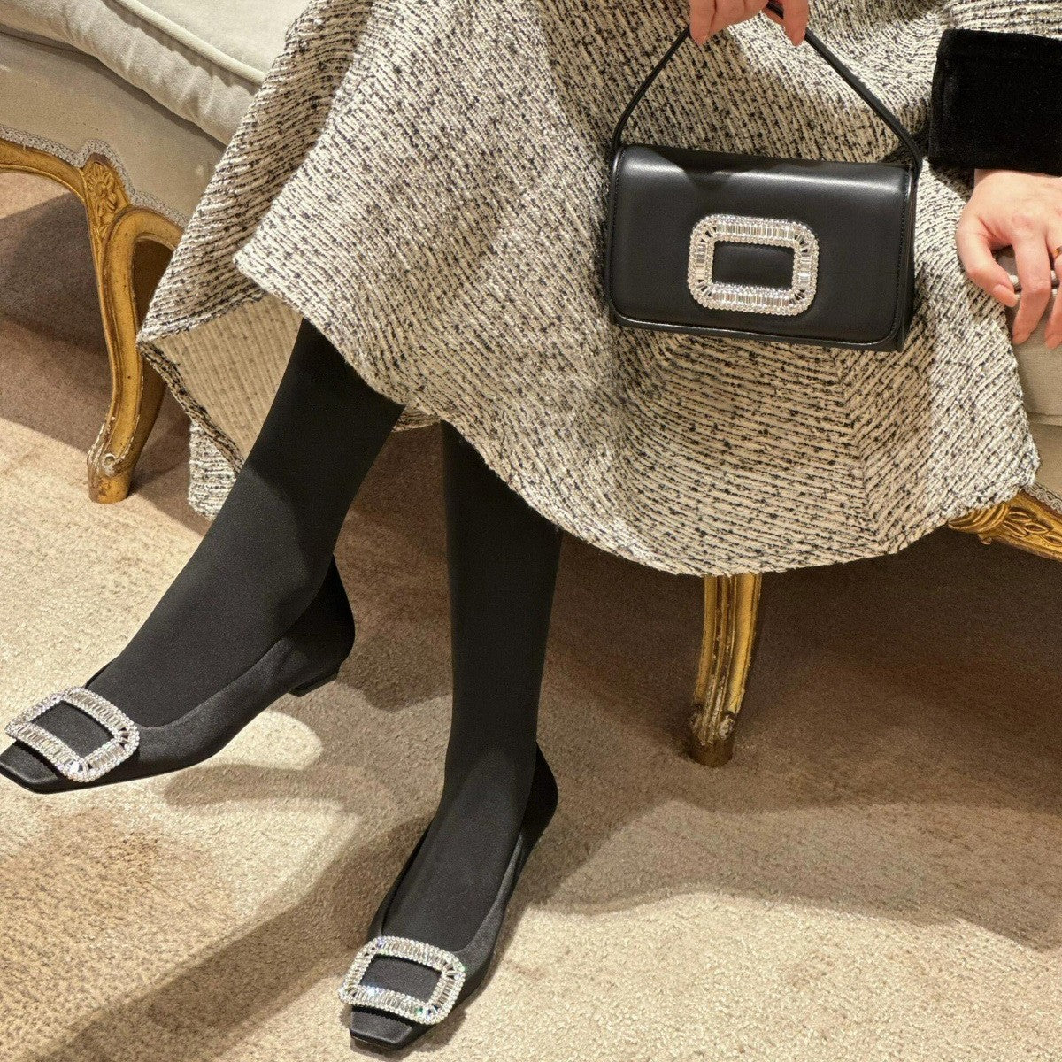 Sheepskin version ~ beautiful rhinestone square buckle leather heels, women's French square toe, Mary Jane single shoes, scoop shoes, evening shoes