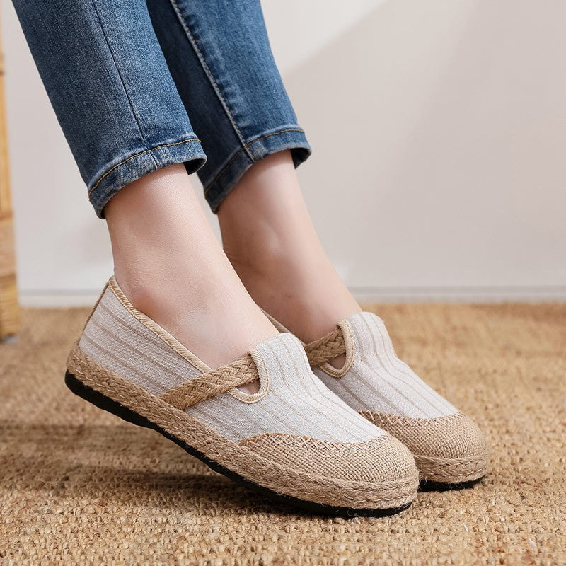 Spring new women's single shoes, one-foot pedals, fisherman's shoes, retro style linen round toe, casual cotton and linen shoes, old Beijing cloth shoes