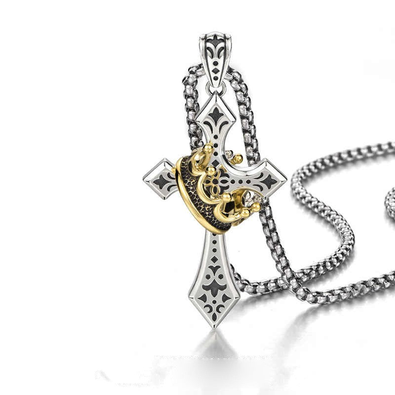 Gold Crown Cross Necklace Men's Trend Personality Vintage Thai Silver Hip Hop Niche Boys Pendant Pendant