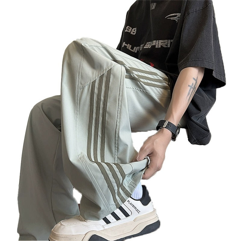 Woodpecker striped ice silk pants men's summer thin loose straight wide-leg pants youth new casual trousers