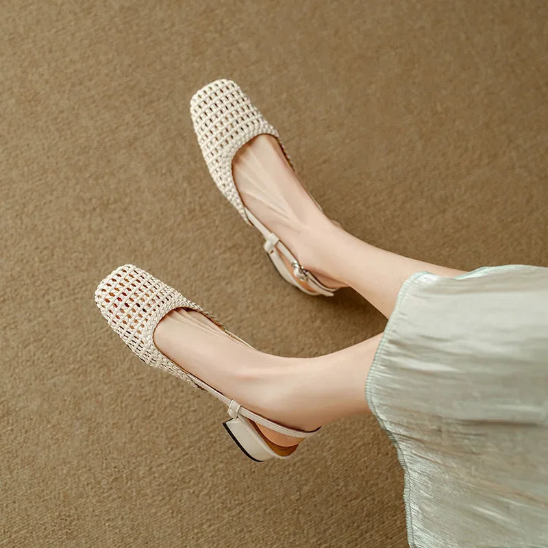 Woven Cutout Toe Sandals Women's Summer 2024 New Fashion Breathable Square Toe Medium Block Heel Hollow Women's Shoes Single Shoes