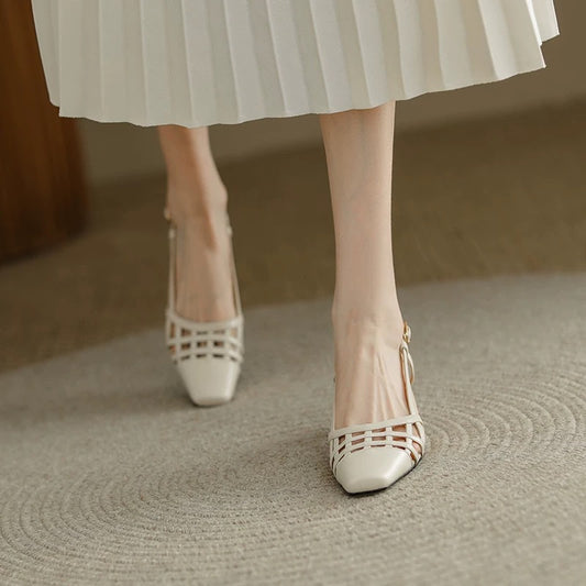 Giant thin ~ soft leather French baotou hollow sandals women's 2025 summer apricot color versatile woven hollow stiletto heels