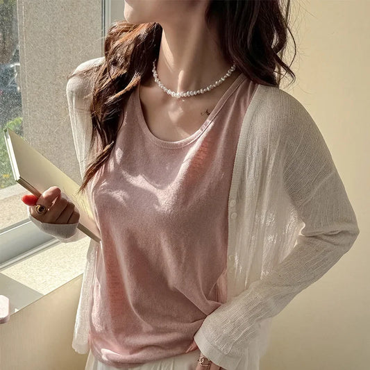 Strictly select the 2025 spring and summer thin camisole small vest women's casual lazy wind cover pair of breasts bottom sleeveless top