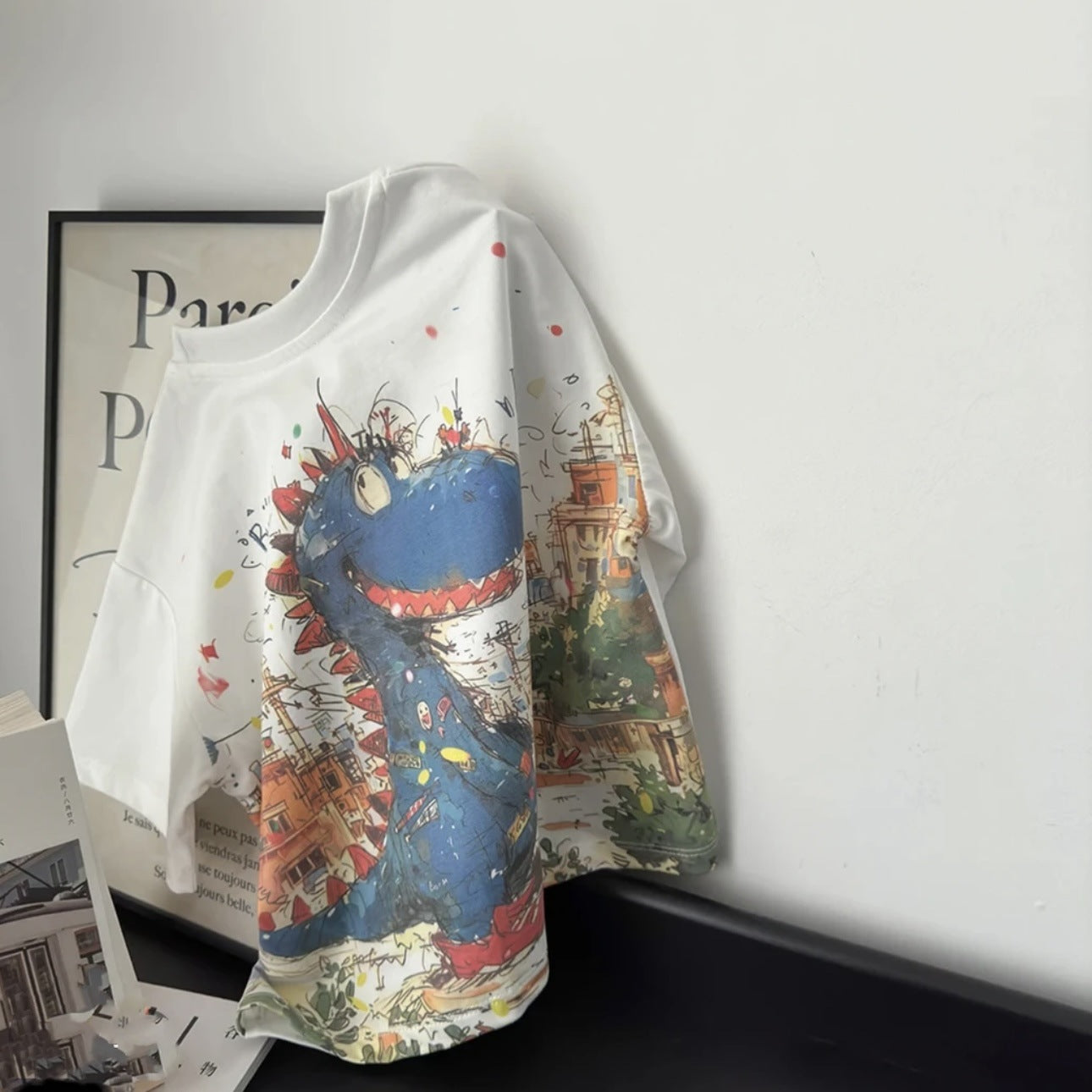 New kids summer casual round neck digital print dinosaur short sleeve t-shirt boys fashion wear cotton top