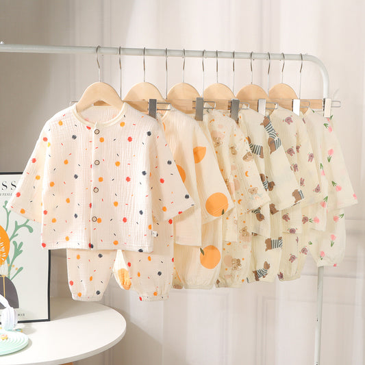 New Spring and Autumn Double Layer Cotton Yarn Set Baby Summer Cartoon Breathable Air Conditioning Clothes Pajamas Children's Close-fitting Loungewear