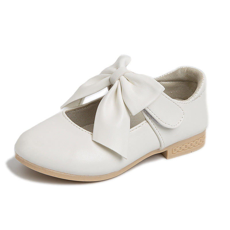 Foreign trade children's shoes 2026 spring and autumn girls' leather shoes, white shoes, bows, medium and large children's small high heels, princess shoes