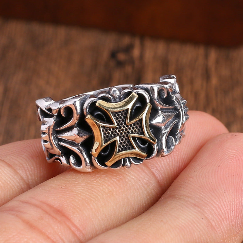 Retro Thai Silver S925 Silver Cross Men's Ring Men's Open Mouth Personality Fashion Domineering Trend Adjustable