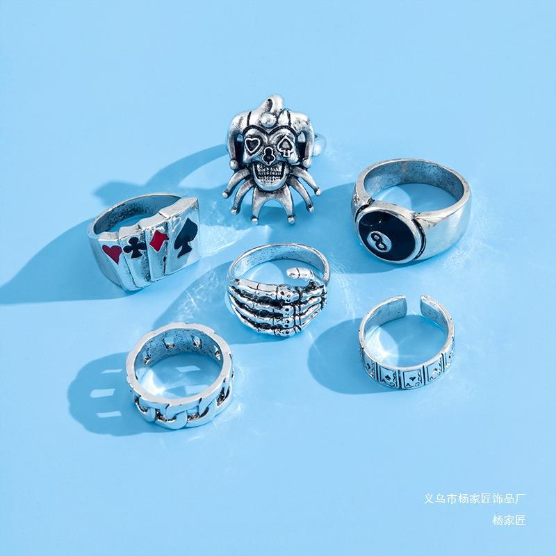 European and American popular jewelry, men's punk, exaggerated skulls, ghost claws, poker clowns, number 8, round 6-piece set