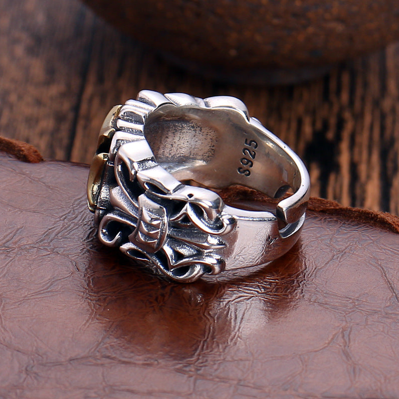 Retro Thai Silver S925 Silver Cross Men's Ring Men's Open Mouth Personality Fashion Domineering Trend Adjustable