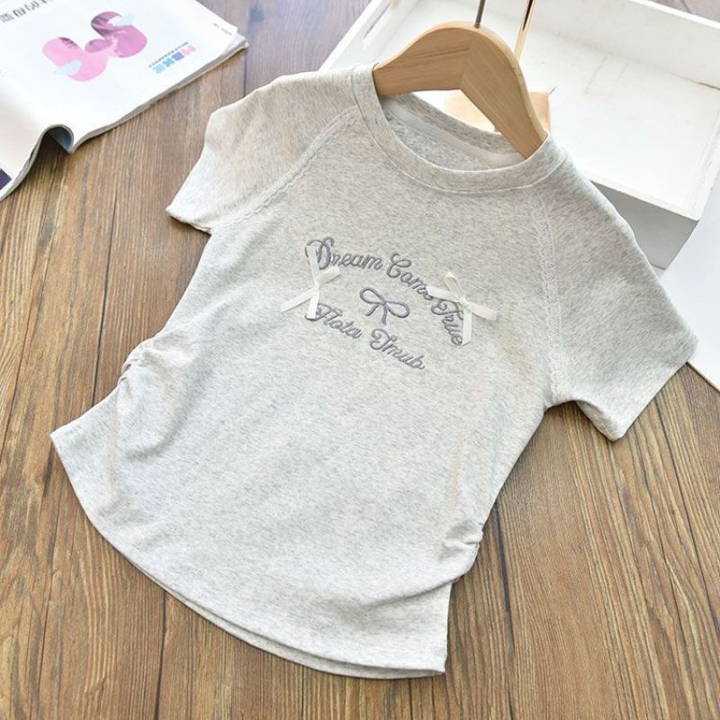 Girls short sleeve cotton t-shirt summer 2025 new children's bow letter medium and big children's fashion top